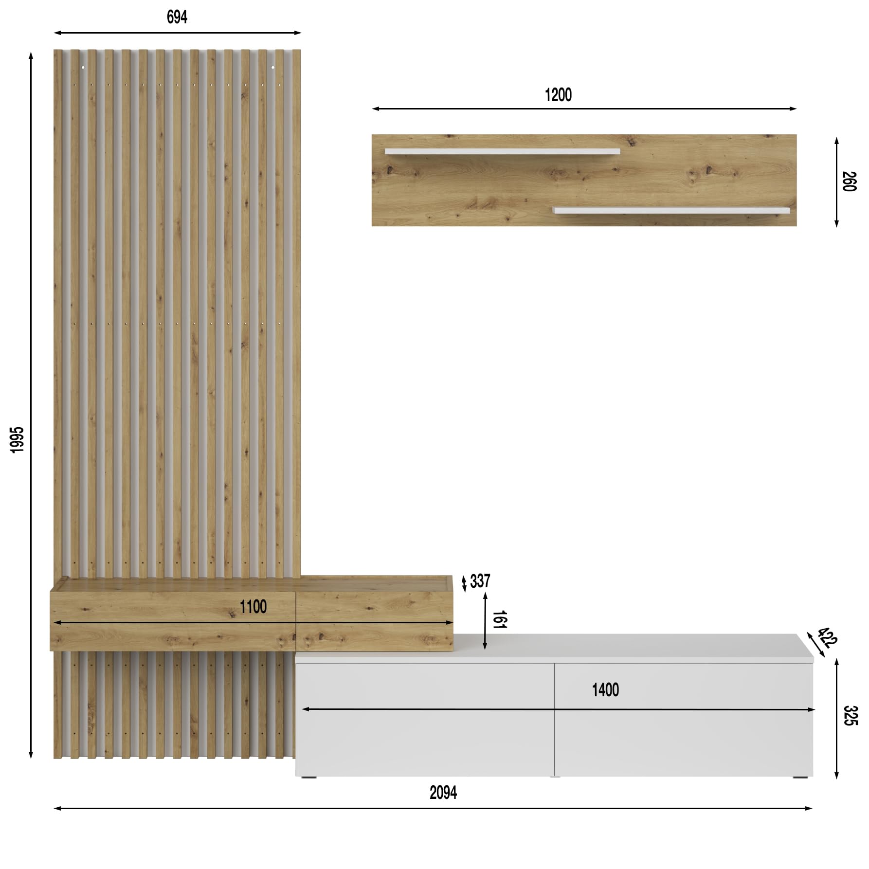 Homely - Mueble de Salón Modular Rebeka | Conjunto 2 Muebles de 209 cm.| Muebles Salón Completo | Mueble para Televisión + Mueble Bajo + Panel Decorativo + Estantería Alta | Color Blanco y Artisan