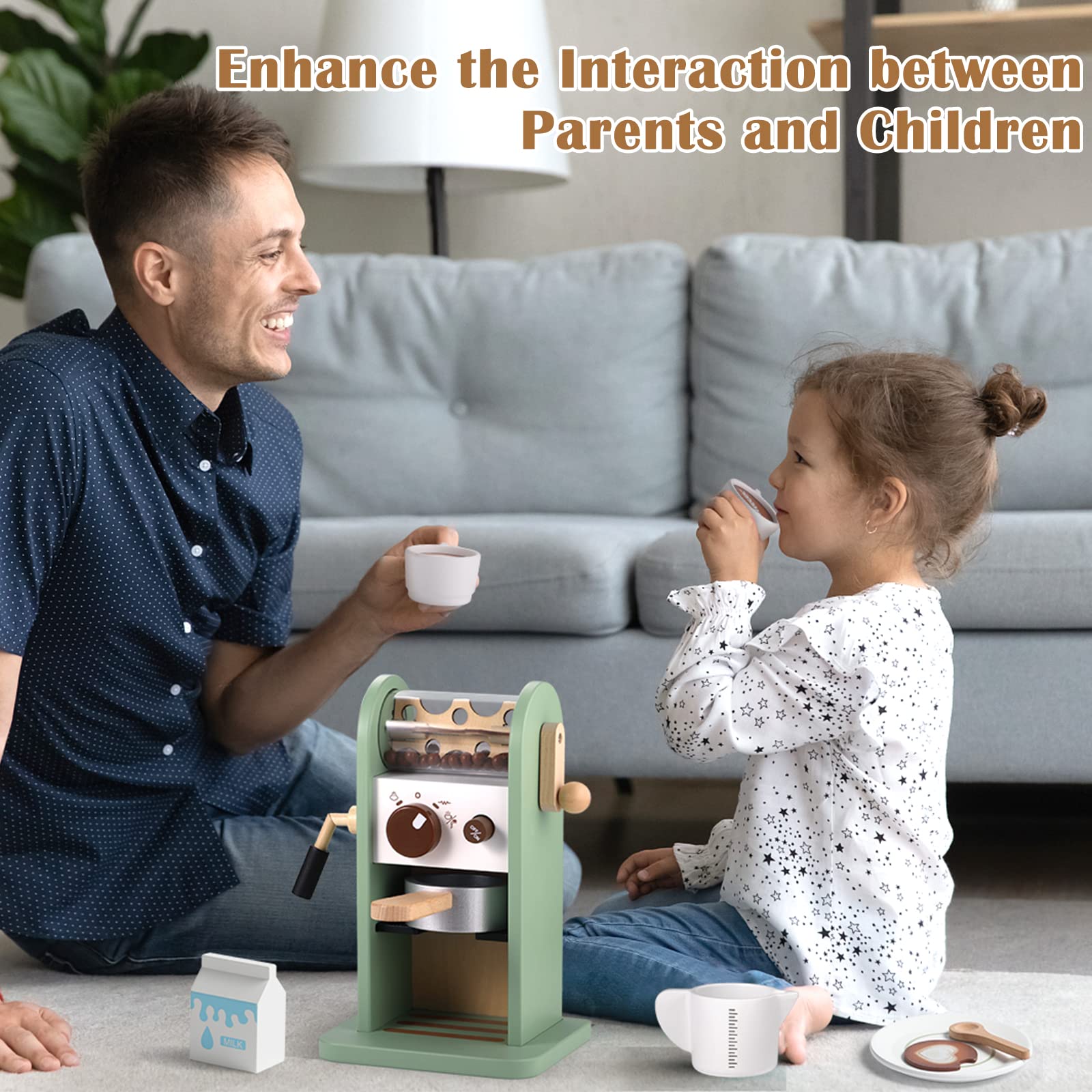 GAGAKU Holz-Kaffeemaschinen-Spielset mit Mühle, hölzernes Küchen-Kaffeemaschinen-Spielzeug-Set, Rollenspiel mit Zubehör, Geschenke für Kleinkinder, Mädchen und Jungen