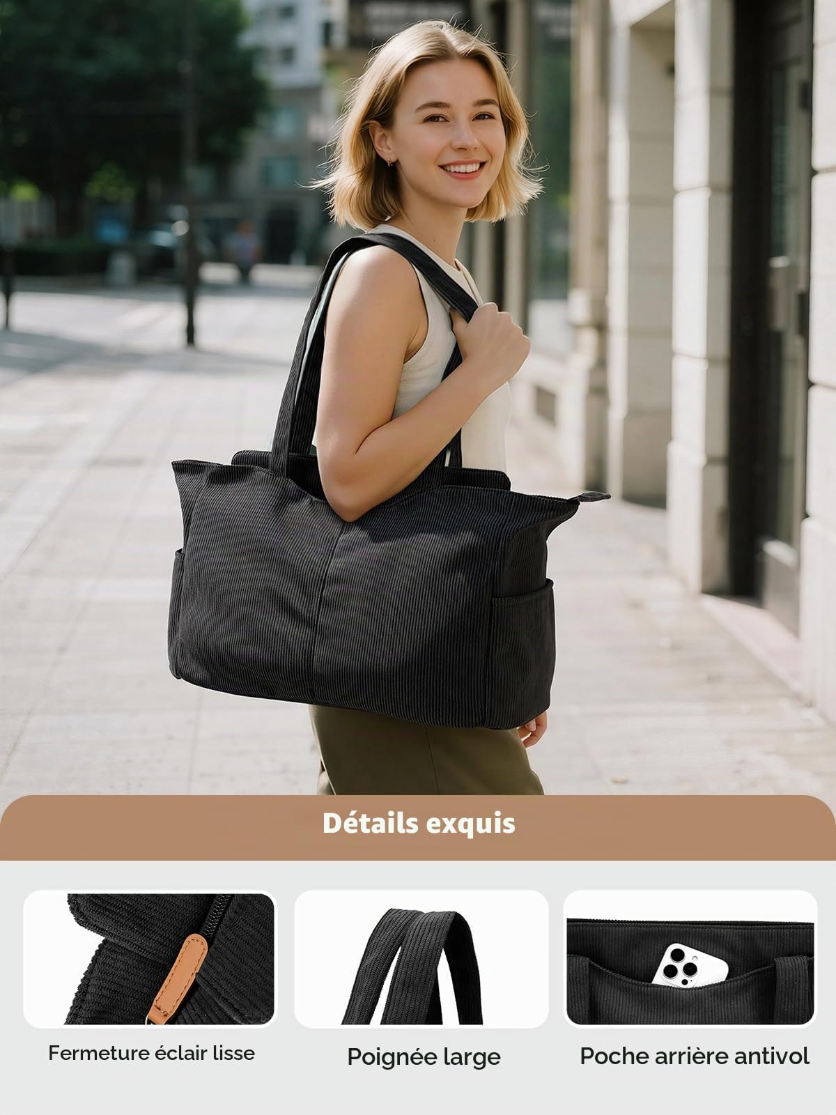 Lekesping Sac Fourre Tout Femme Grand en Velours Côtelé, Sac à Main Cabas Femme avec Fermeture Éclair, Sacs Bandoulière Ordinateur Portable 15,6 Pouces pour Plage Travail Cours Shopping Sport