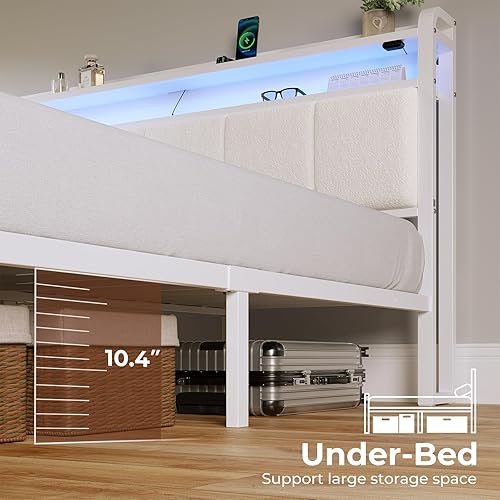 Miniatura 12 de Rolanstar Base de cama tamaño individual con estación de carga y luces LED, cabecera de piel sintética con estantes de almacenamiento, listones de