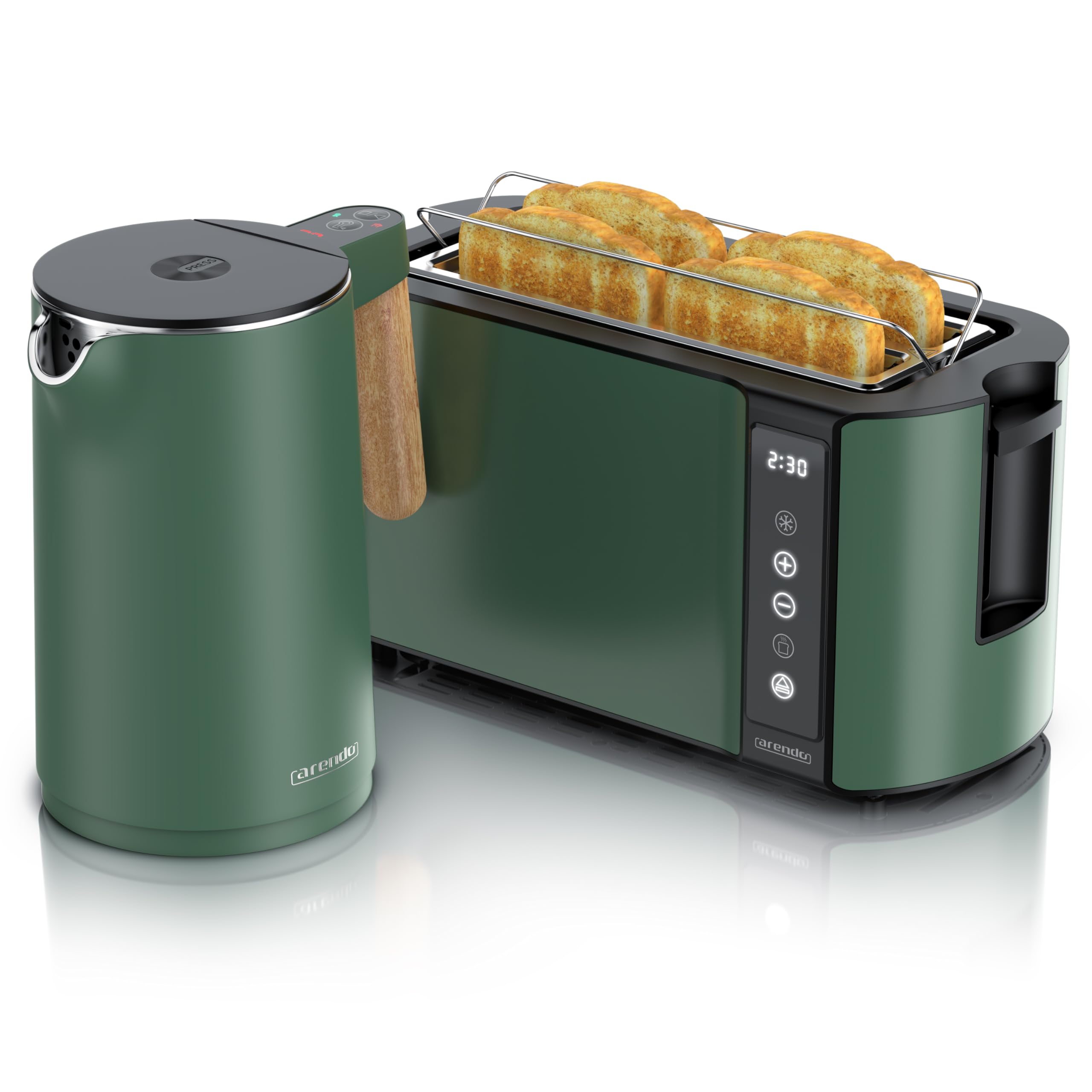 Arendo Küchen Set Edelstahl Wasserkocher Temperatureinstellung Toaster Langschlitz 4 Scheiben Touchpanel LED Display Brötchenhalter