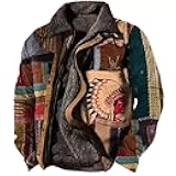 Men's Western Aztec Vintage Print Sherpa Fleece Lined Jackets Casual Zipper Winter Warm Jacket Coats