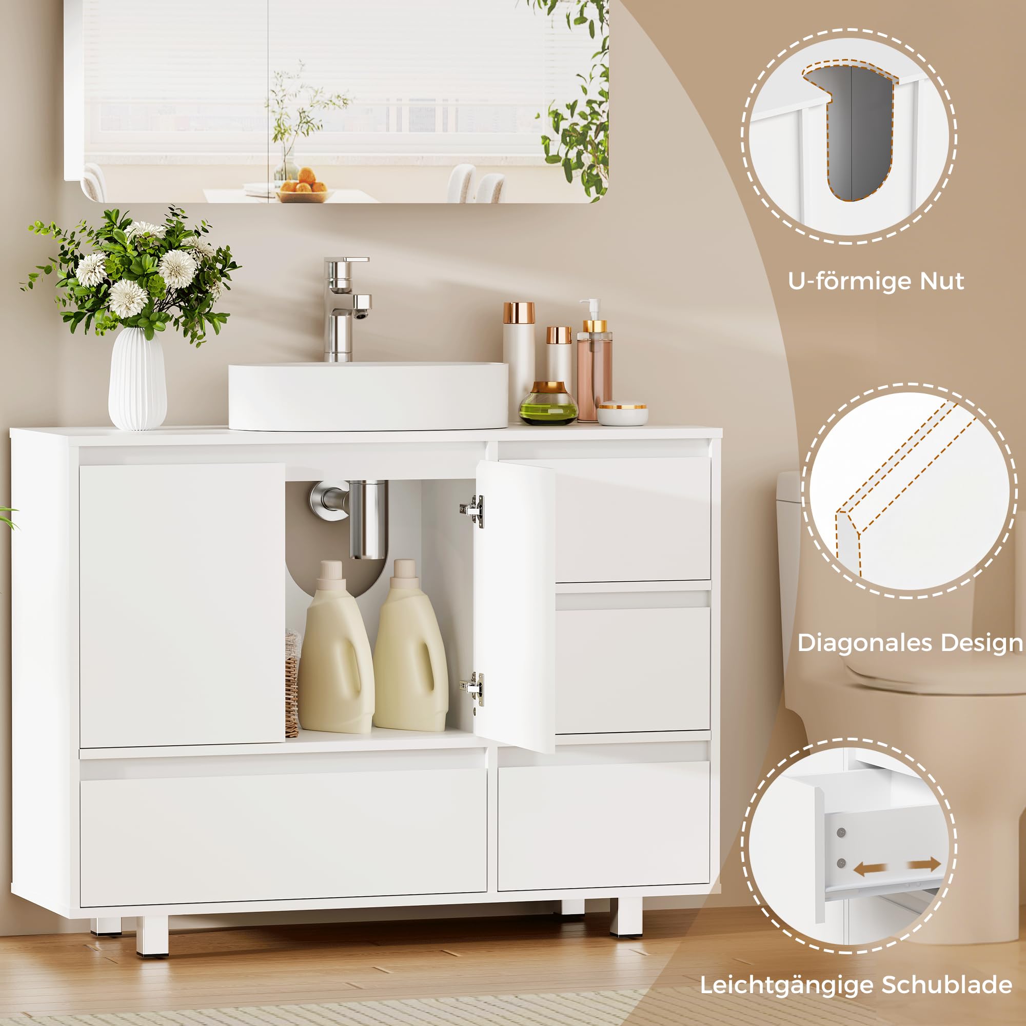 ANWBROAD Mueble Bajo Lavabo, 4 Cajones, 2 Puertas, Armario de Baño con Patas, Moderno,90 x 30 x 64,5 cm, Blanco SSC002W