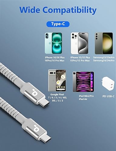 Miniatura 71 de Cable USBC de 10 pies, paquete de 2 cables largos USBC de carga rápida, cable trenzado de nailon USB C a USB C cargador de iPhone compatible con