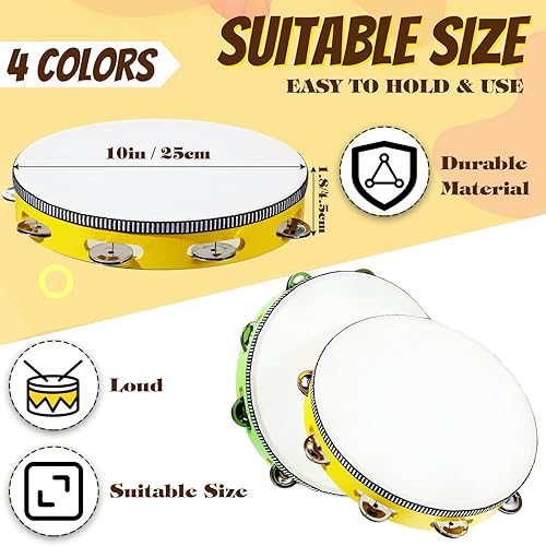 Miniatura 2 de 4 panderetas para adultos de 10 pulgadas, campanas de tambor de mano de abedul de metal, melancías de metal de una sola fila, pandereta de madera,