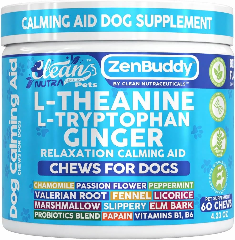 ZenBuddy Calming Chews for Dogs L-Theanine L Tryptophan Melatonin Ginger Chamomile Fennel Valerian Root Peppermint Relief Supplements 60 Beef Flavor Chews by Clean Nutra Pets