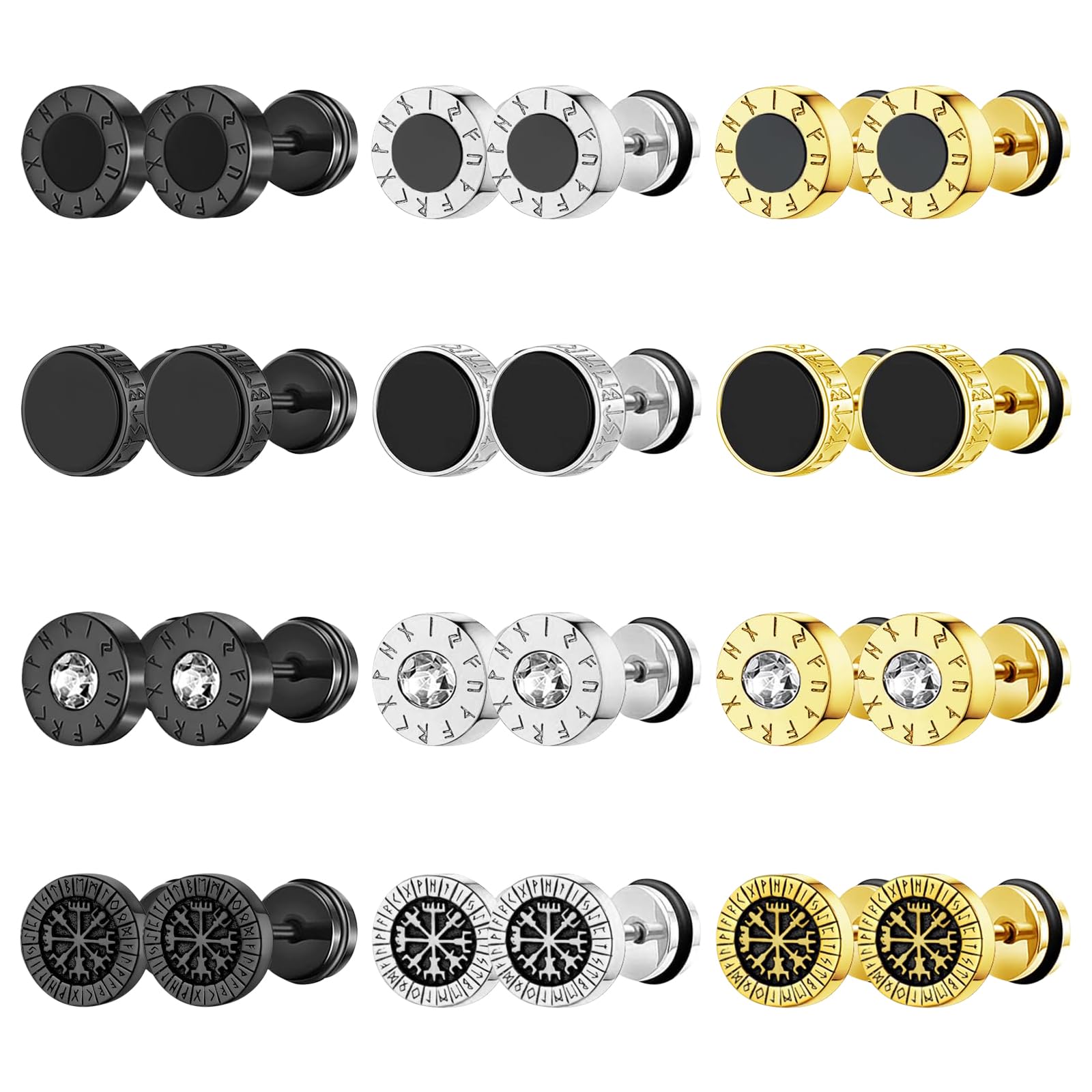 JewelryWe Wikinger Fake Plug Ohrstecker Nordische Runen Kompass Ohrringe mit Emaille Zirkonia Edelstahl Fake Ohrläppchen Tunnel Schraube Ohr Piercings Kreis Ohrstecker Set für Herren Damen