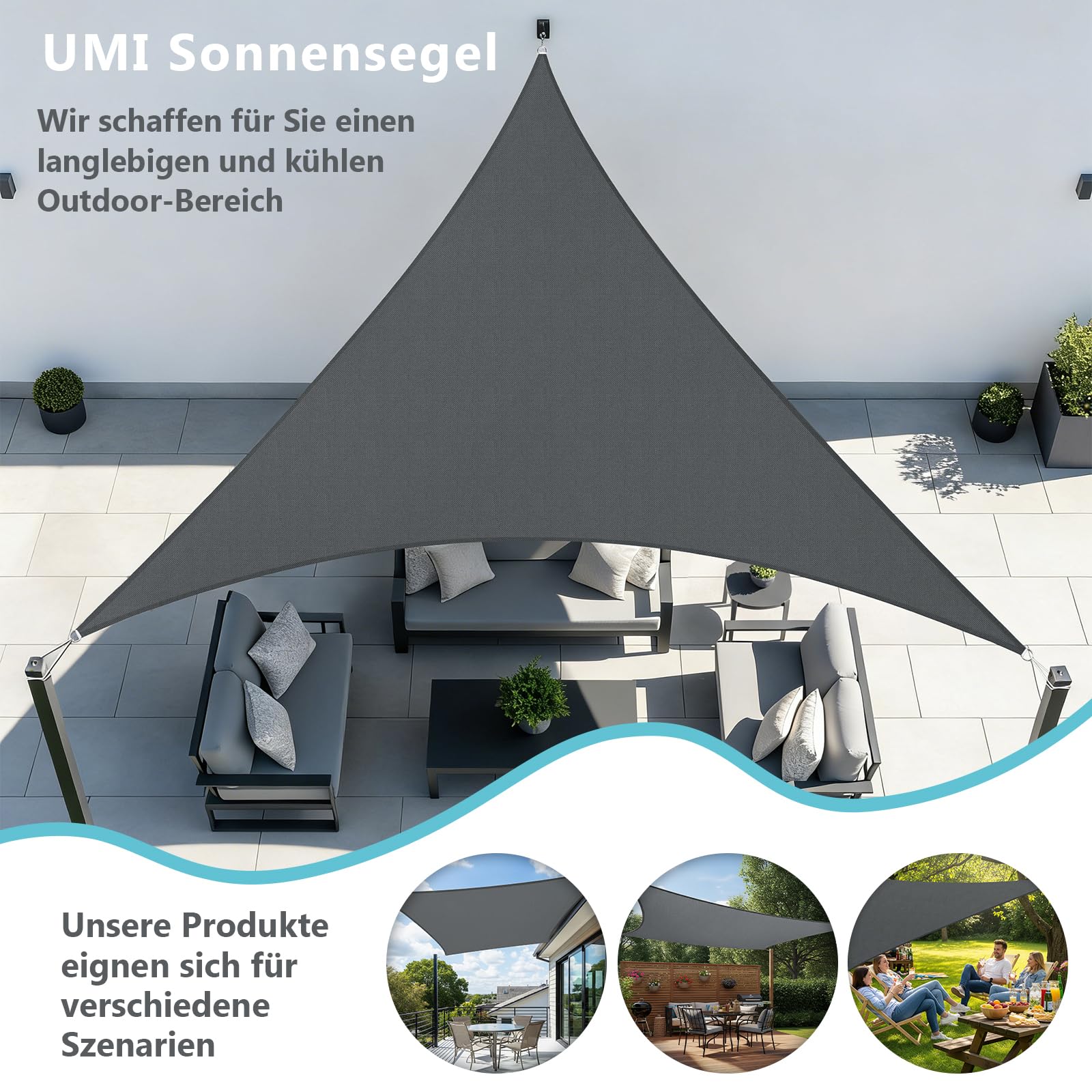 UMI Sonnensegel Wasserdicht 4x4x4m Dreieckig Sonnenschutz Wetterschutz PES Polyester Segel Baldachin 95% UV Schutz mit Seilen für Garten Balkon Terrasse- Anthrazit