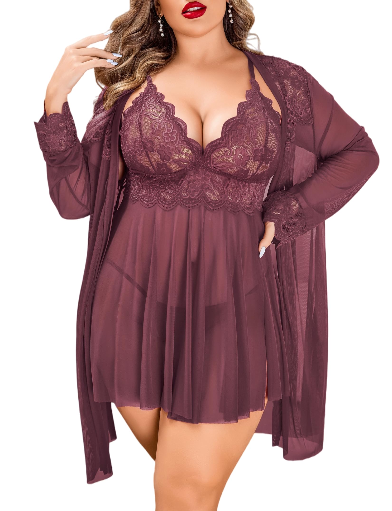 Avidlove Plus Size Lingerie Sexy Lingerie Set Women's Exotic Nightgowns Lace Chemise Lingerie Side Slit Nightdress