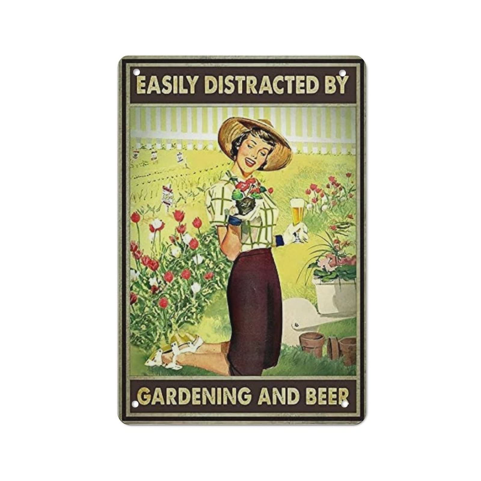 AOOEDM Easily Distracted By Garden And Beer Vintage Tin Sign Metal Tin Signs for Man Cave Funny Art Wall Plaque Kitchen Bar Pub Coffee Shop Wall Decor