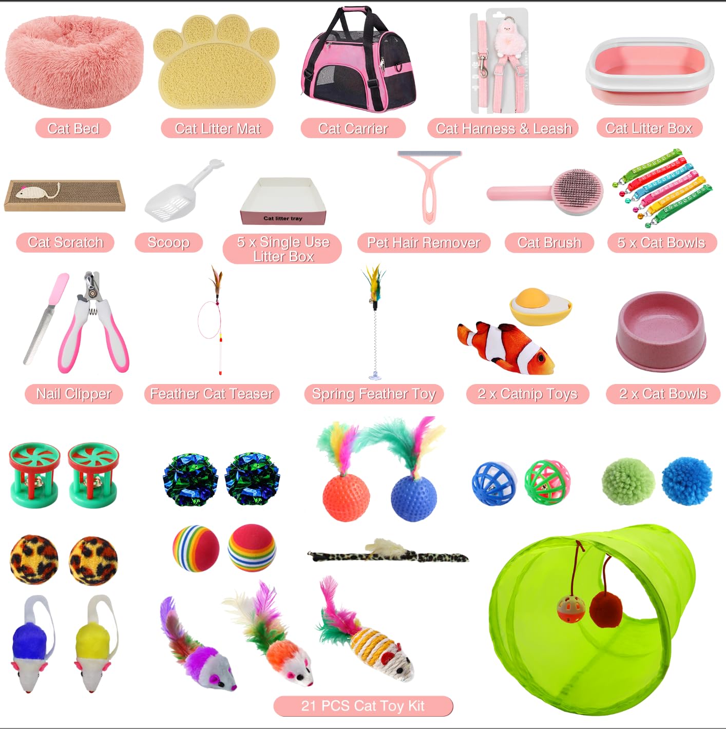 BERXOL 47PCS Kitten Essentials Starter Kit, Ideal for Cats Under 6 Months, Featuring 21-Piece Toy Set, Bed, Carrier, Litter Box, Bowls & More, Perfect for New Cat Owners - Pink