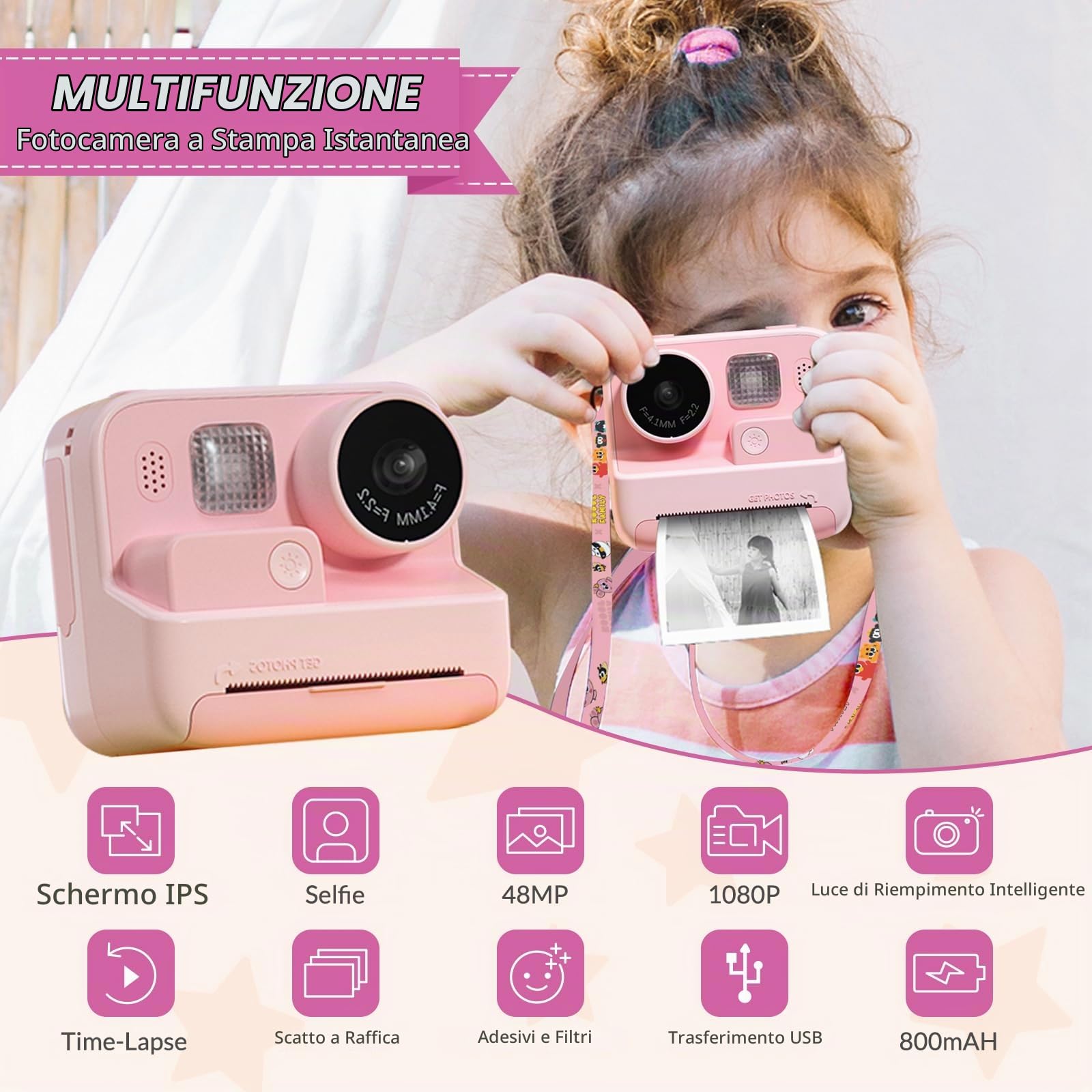 Mafiti macchina fotografica Bambini istantanea,40MP/1080P HD Fotocamera istantanea per Bambini Digitale con Scheda TF da 32GB,Carta da stampa e accessori carini,Ricaricabili (Rosa)