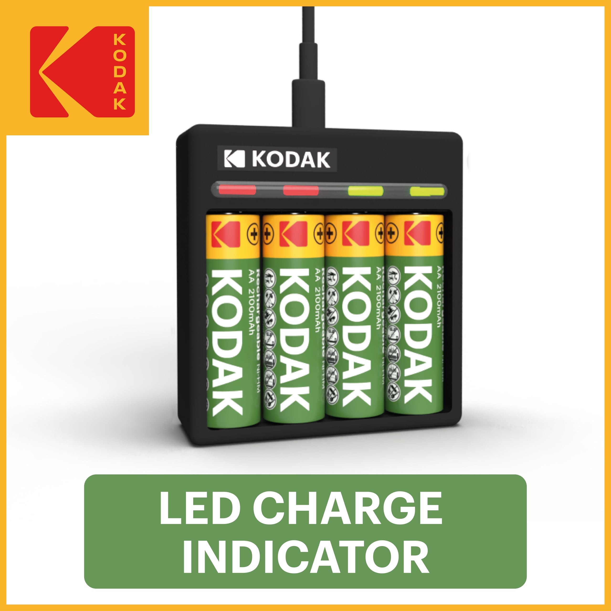 Kodak Lot de 4 piles AA rechargeables avec chargeur de batterie USB-C à 4 emplacements (sans adaptateur inclus), compatibles avec piles AA et AAA (NiMH), charge double A ou triple A, 1000 cycles de