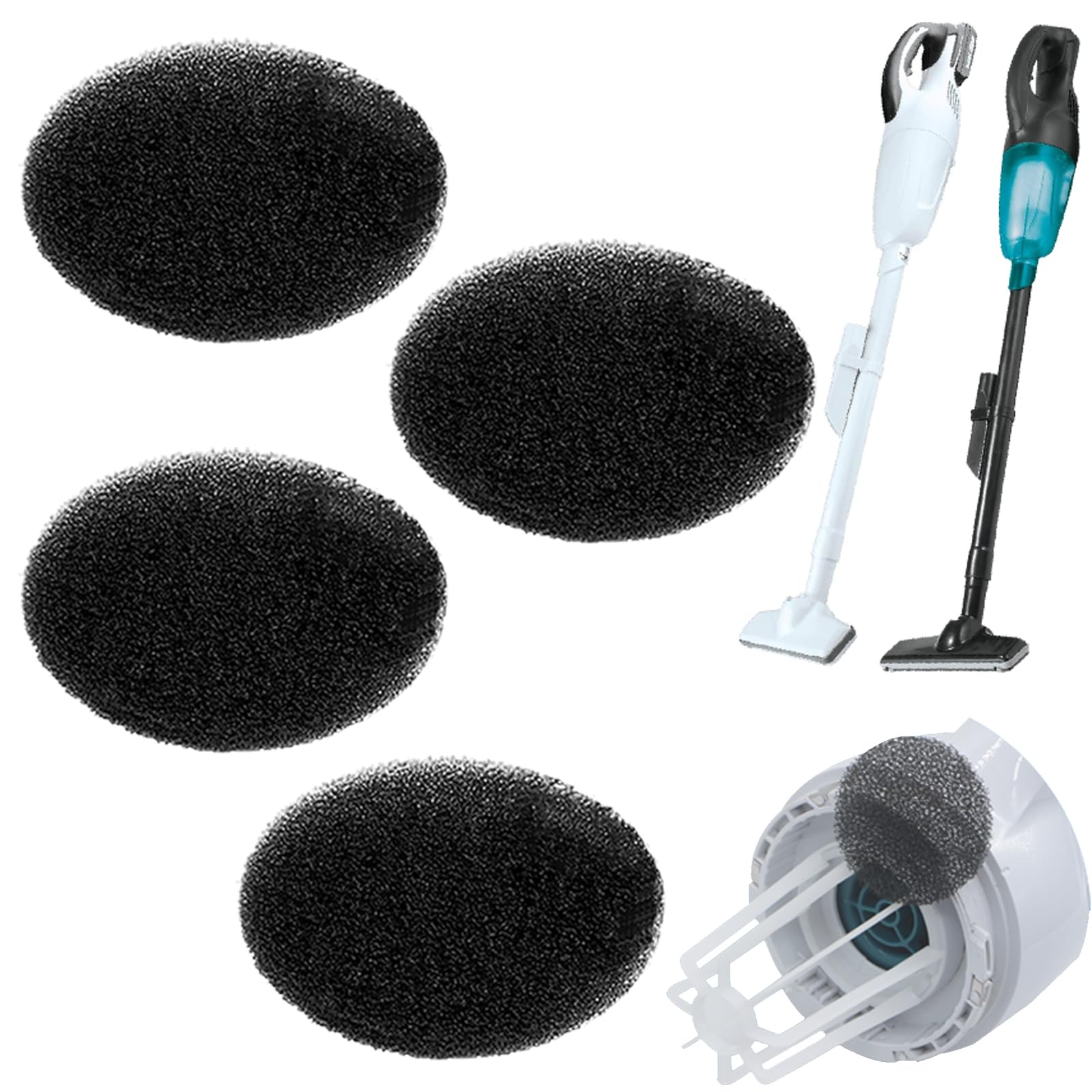 4-Piece Reusable & Washable Foam Filter Set Compatible with Makita CL100, CL106, CL180, CL183, DCL180 Cordless Vacuum Cleaners, Easy-Clean Design, Replacement Vacuum Models Accessories