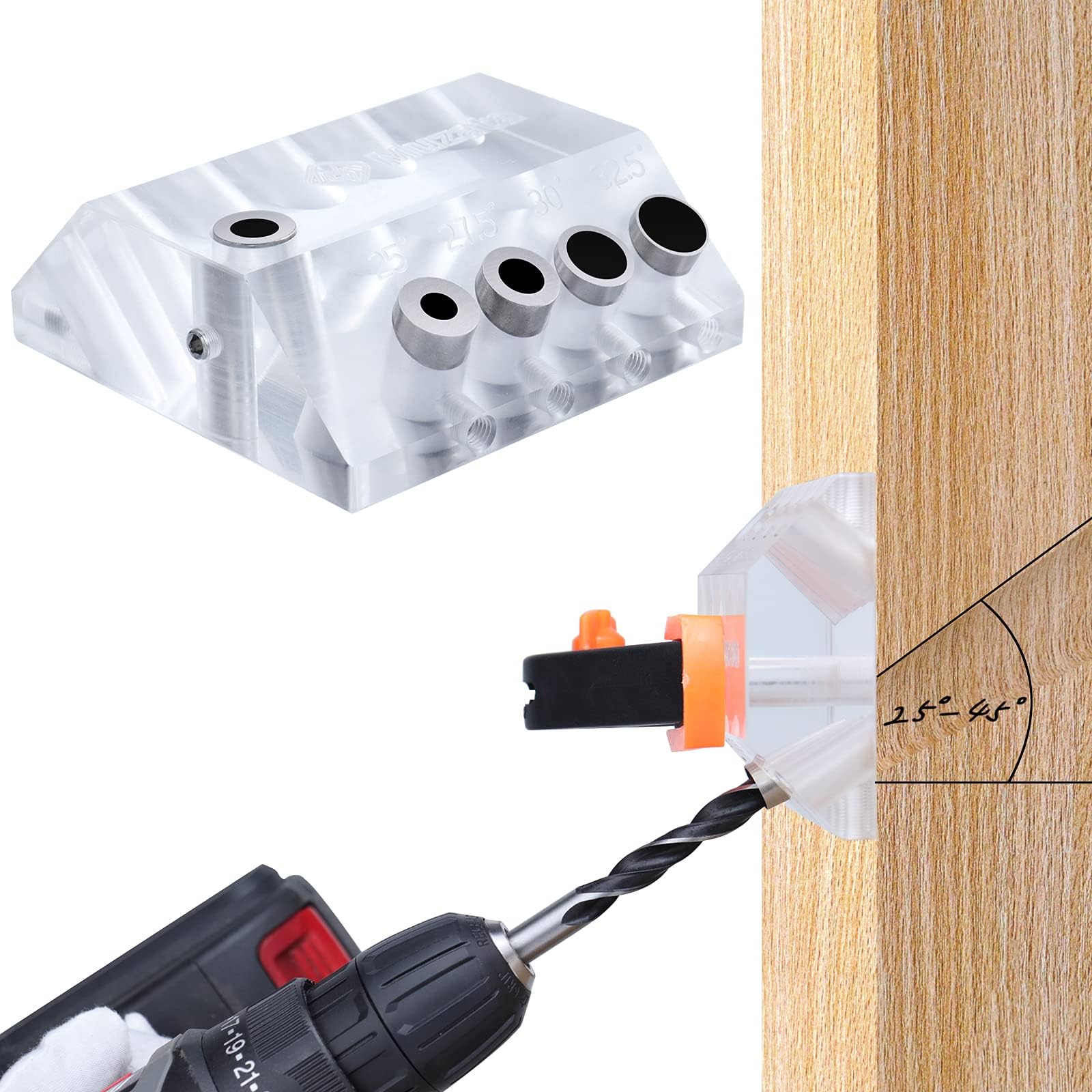 Muzata Upgraded Multi Angle Cable Railing Drill Guide Jig 25 30 35 40 45 90 Degree Portable Drilling Template 4 Sizes for Horizontal Angle Wood Post 3/16 1/8 Cable Railing Hardware Kit Tool CT19