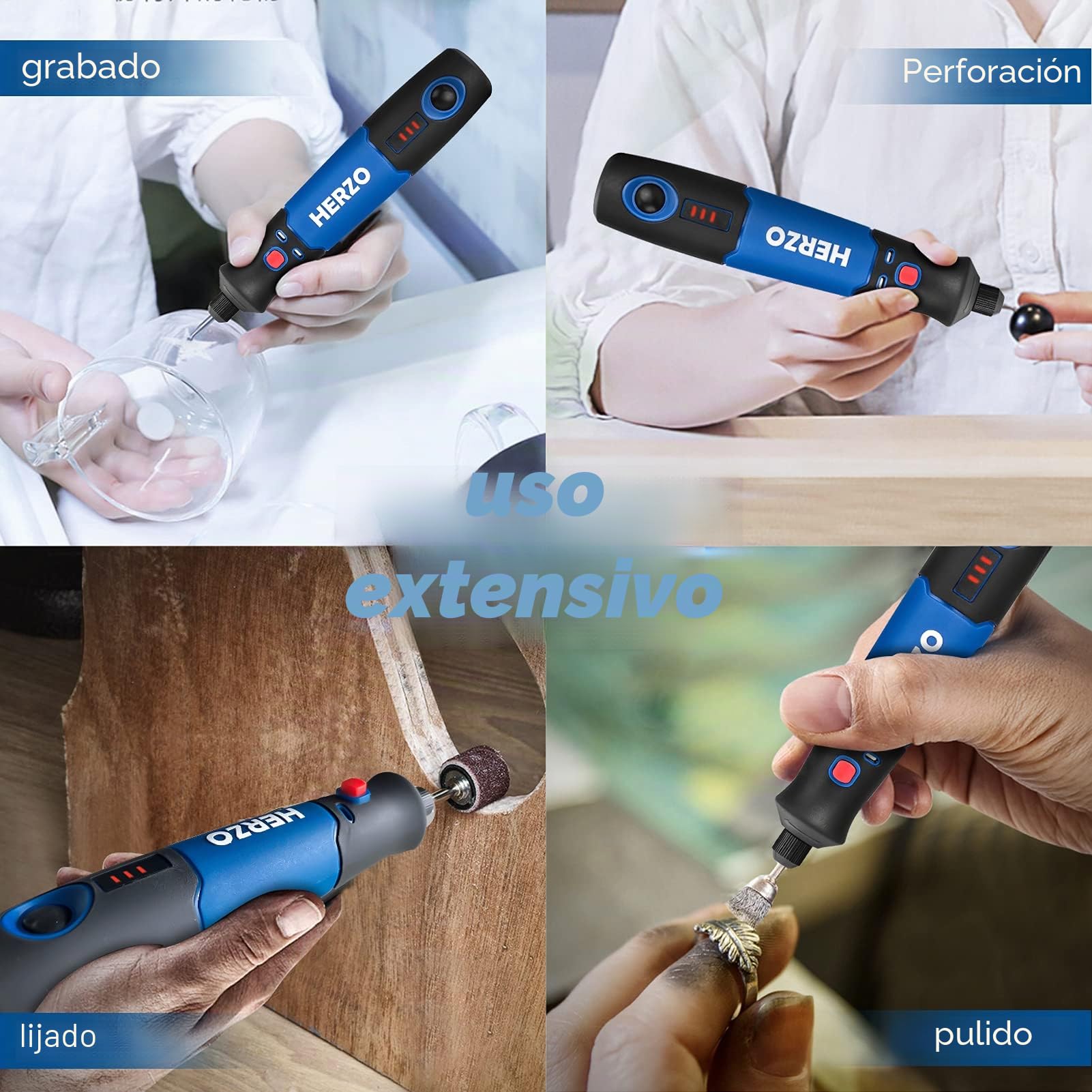 HERZO Mini Amoladora， 3.7V Amoladora Electronica DC y USB recargable con y 32 pcs Accesorios 3 velocidad variable para los DIY trabajos de Pulido Abrasivo y Corte