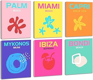 eletecpro 8x10 Preppy Room Decor Aesthetic Set of 6 Preppy Wall Art Trendy Travel Wall Decor Maximalist Framed Canvas Posters for Teen Girls Bedroom Decorations Fashionable Summer Prints Stuff