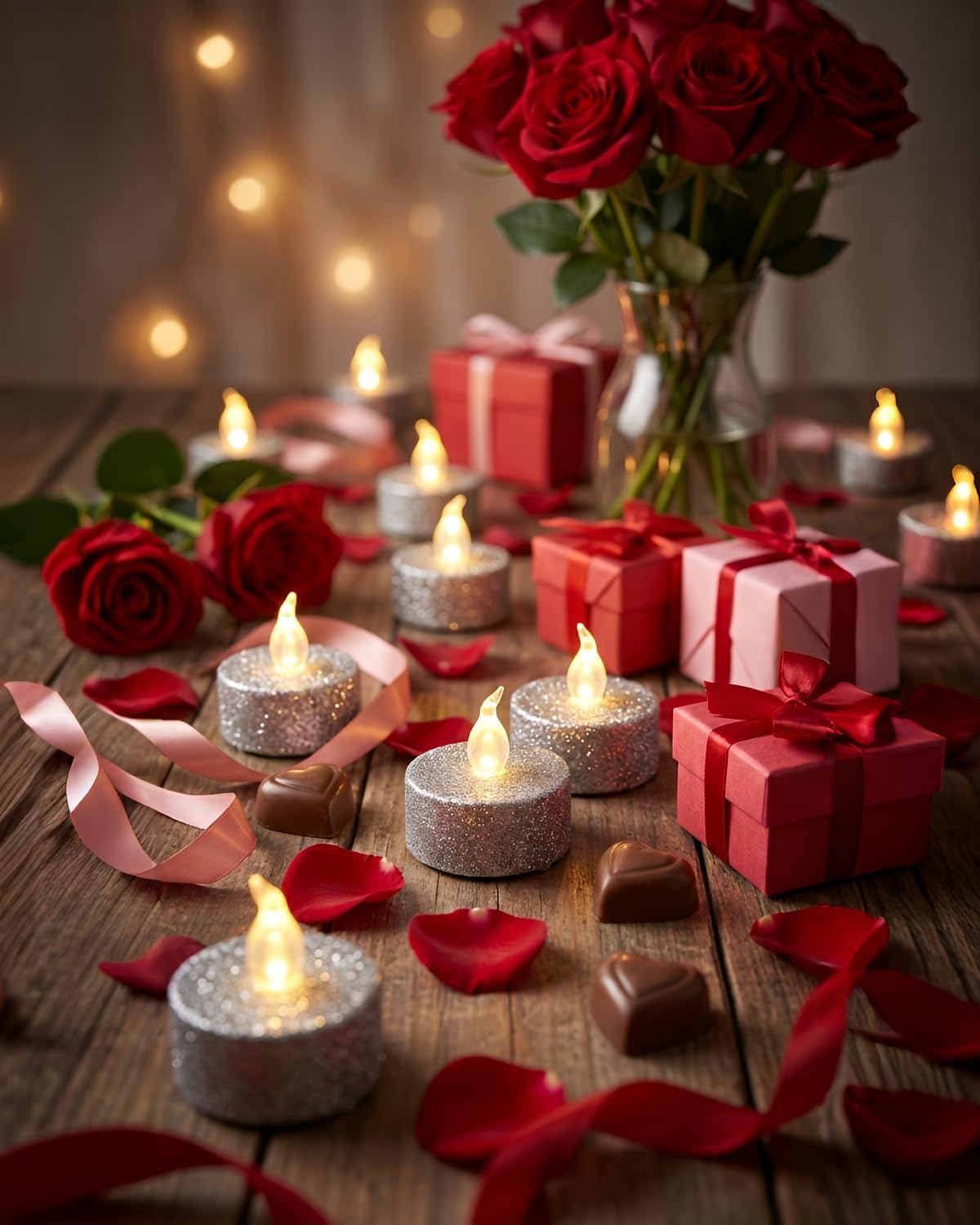 Silver Tea Lights with Timer, Glitter Battery Operated Tealights for Valentine Day, Christmas Decorations,Anniversary,Wedding, Built-in 6 Hours,12 Pack
