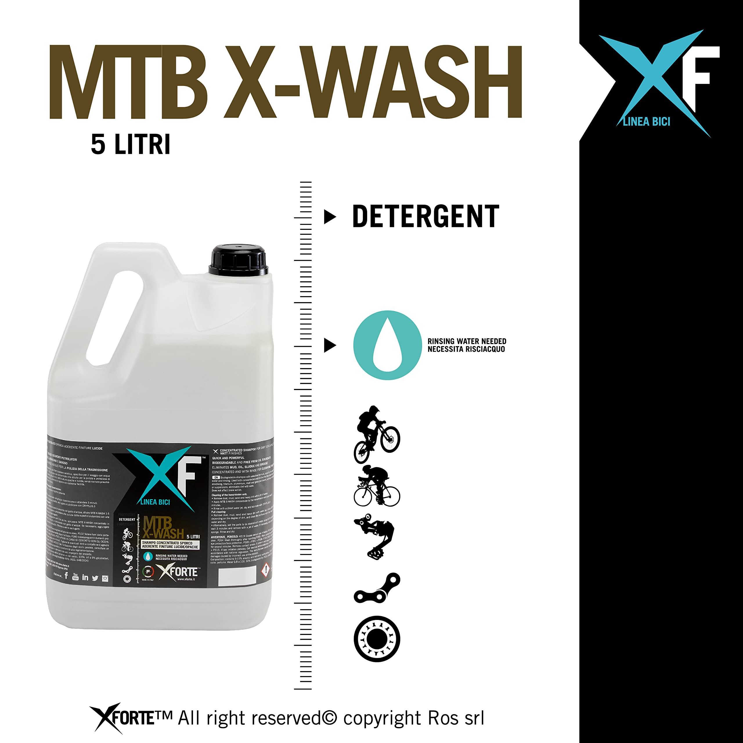 XFORTE Shampoo Bicicletta MTB X-WASH | Detergente Sgrassante Biodegradabile, Necessita Risciacquo, Concentrato | Finiture Lucide e Opache, Trasmissione | Bici Corsa, Mtb, Ebike, Bmx | 5L