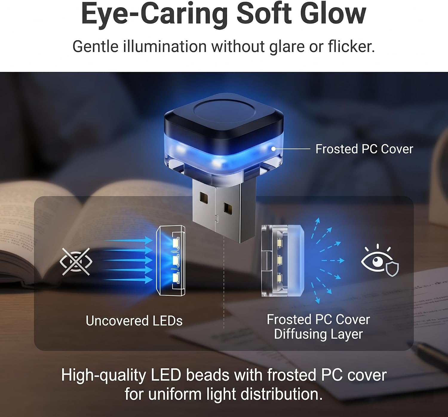4 PCS Car Interior USB LED Lights, Mini Square Mood Ambient Lamp, Plug and Play Soft Glow Decorative Night Light, Portable Lighting Accessories for Car & Home & Camping (Blue)
