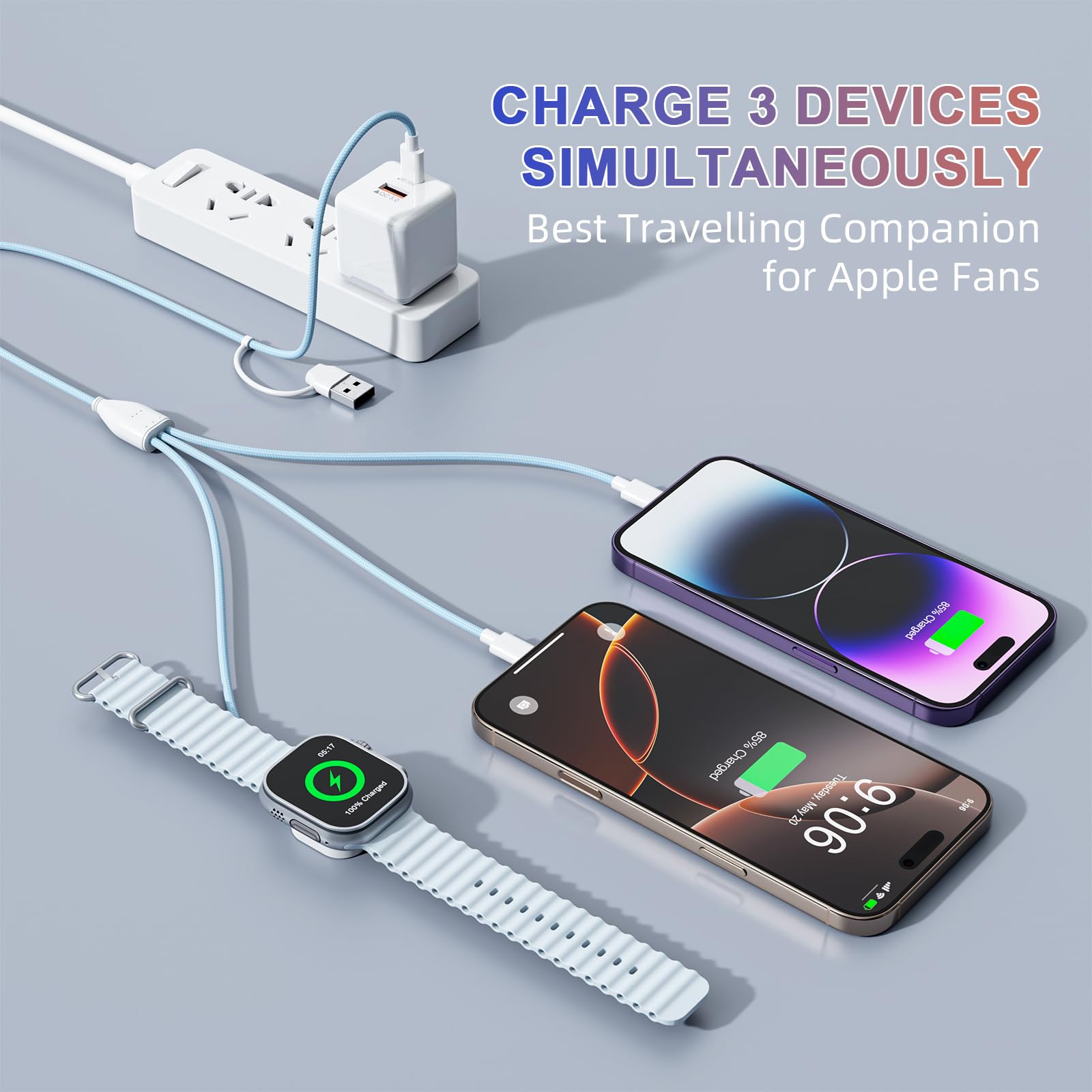 3 in 2 Magnetic Charging Cable for Apple Watch & iPhone Fast Charging,Wireless Multi Charger Cable for All Devices Travel Essentials for Apple iPhone Android and iWatch Ultra iPad, AirPods (6FT/1.8M)