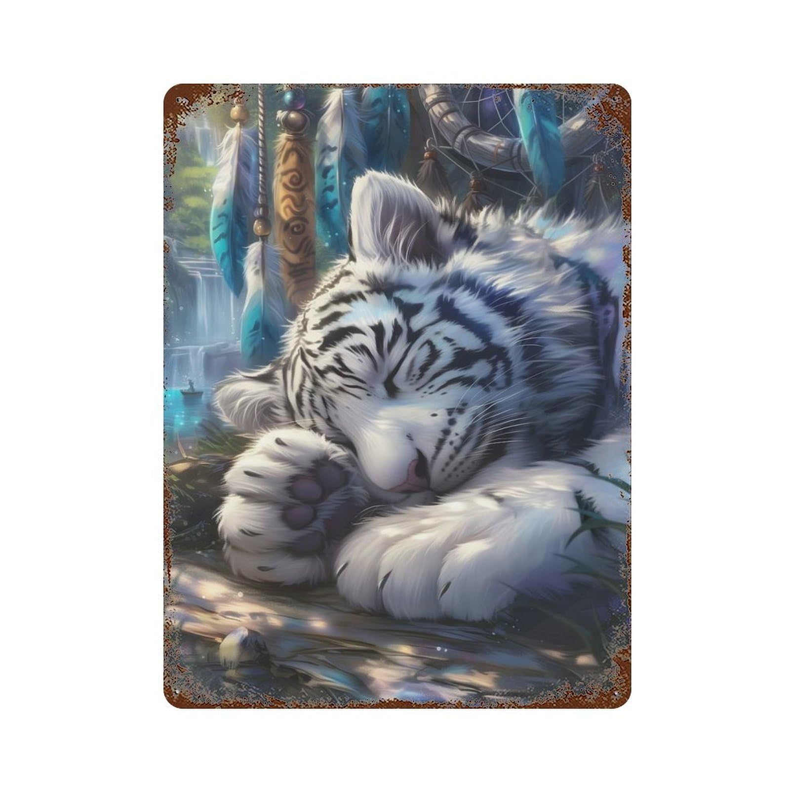 Sleeping White Tiger Rusty Metal Tin Sign 15.7"x11.8", Ideal for Pub, Kitchen And Man Cave Decor