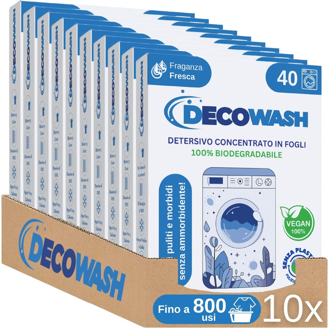 Detersivo in Fogli per Lavatrice (Fino a 800 Usi) Ecologico, Ipoallergenico, Senza Plastica, Sapone in Fogli per Bucato Pulito e Morbido, Perfetto per Viaggio, Bimbi e Pelli Sensibili, Frgranza Fresca