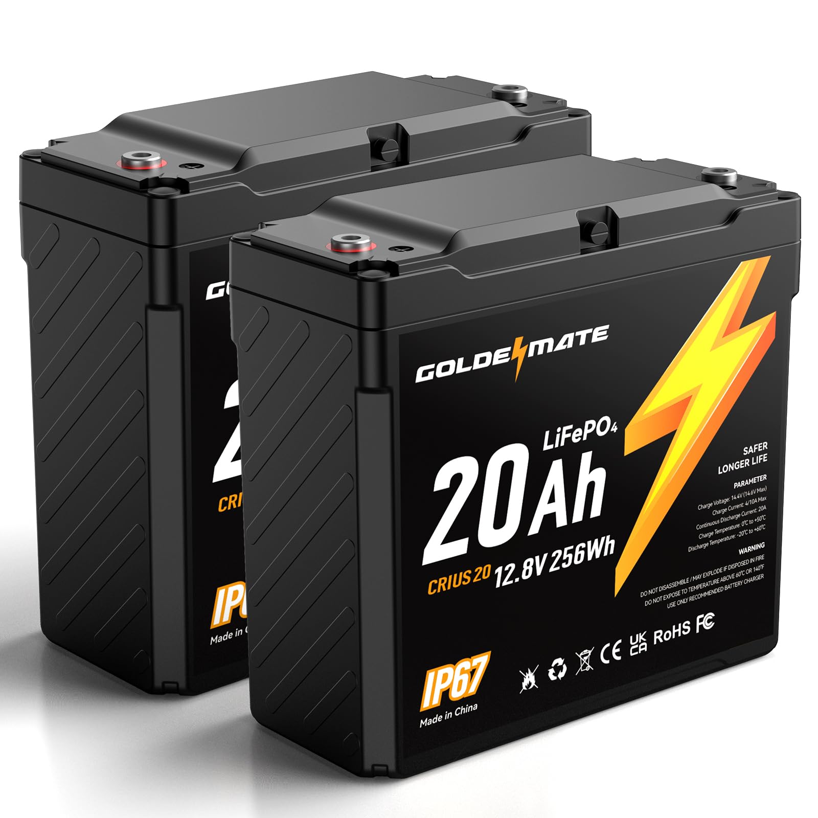 Two GOLDENMATE 12V 20Ah LiFePO4 batteries, black with yellow accents, showing the CRIUS 20 model and IP67 rating.