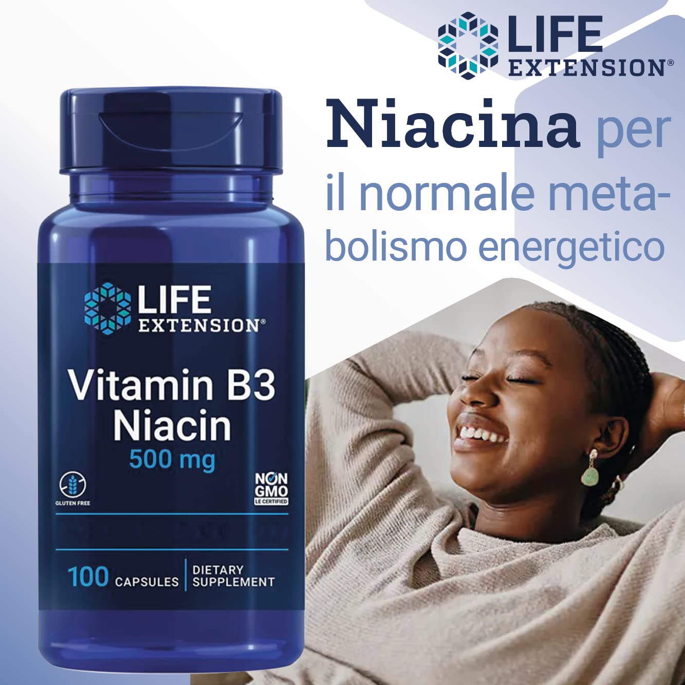 Life Extension, Niacina (Vitamina B3), 500 mg, Altamente Dosata, 100 Capsule, Testata in Laboratorio, Senza Glutine, Senza Soia, Non OGM