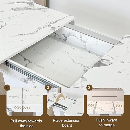Miniatura 5 de Juego de mesa de comedor de mármol sintético blanco para 6 personas, juego de mesa de comedor extensible de 7 piezas de 63 a 78.74 pulgadas con 6