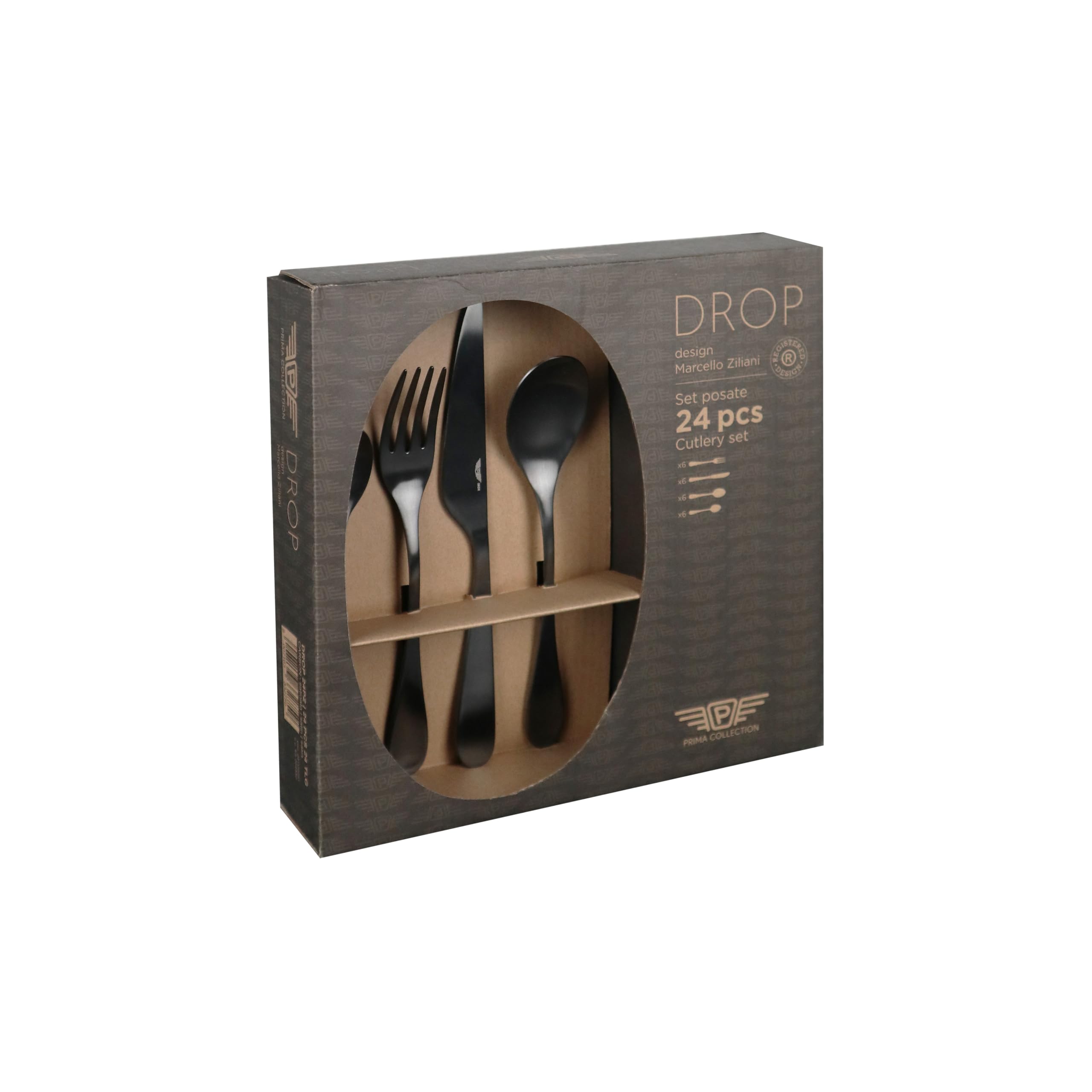 Pintinox - Drop set di Posate da Tavola per 6 persone, 24 pezzi in Acciaio nickel free finitura Nera Satin: 6 forchette, 6 cucchiai, 6 coltelli, 6 cucchiaini da tè, Lavabili in lavastoviglie, Black