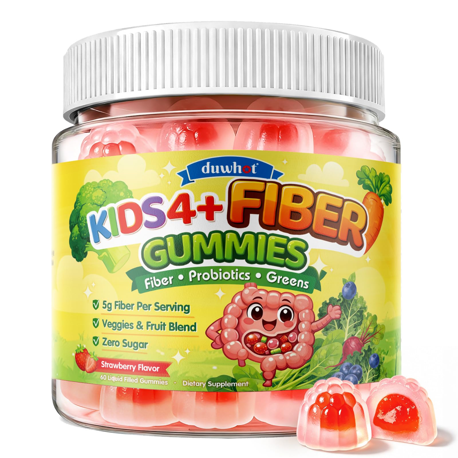 duwhot Kids Fiber Gummies 5g with Probiotics, 60 Chews