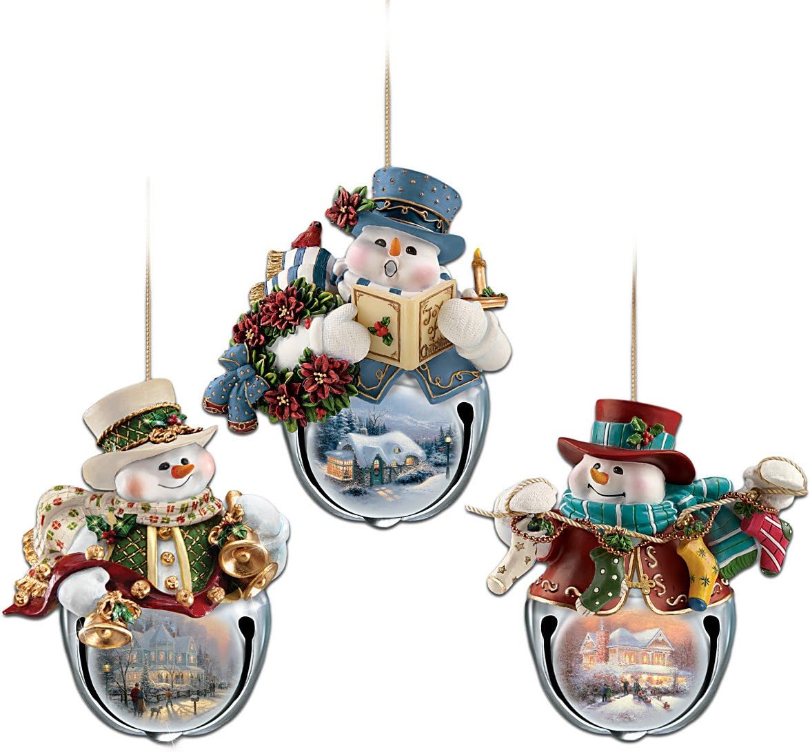 Thomas Kinkade Snow-Bell Holidays Snowman Ornaments: Set of Three
