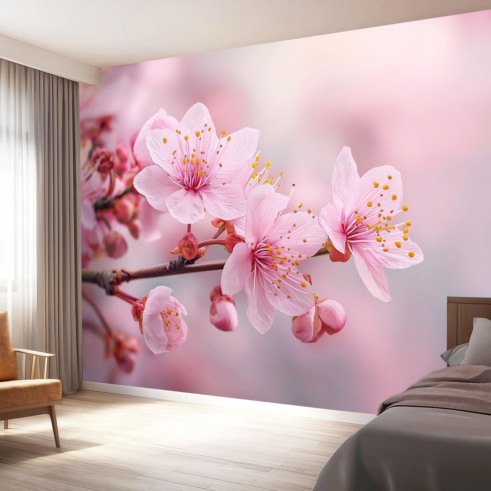 Tapeta z motywem, 250 x 175 cm, motyw kwiatów wiśni, wodoodporna, dekoracja ścienna do pokoju młodzieżowego i kącika gamingowego, różowa