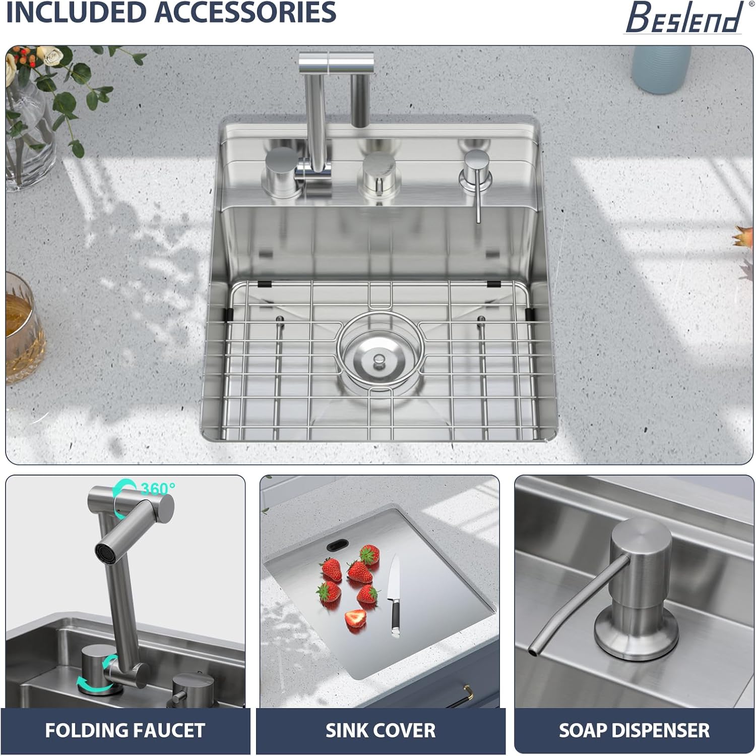 Outdoor Sink and Faucet - Beslend 17x19x9 Inch Undermount Bar Sink With Folding Faucet and Cover 16 Gauge Stainless Steel Single Bowl Sink Indoor Outdoor