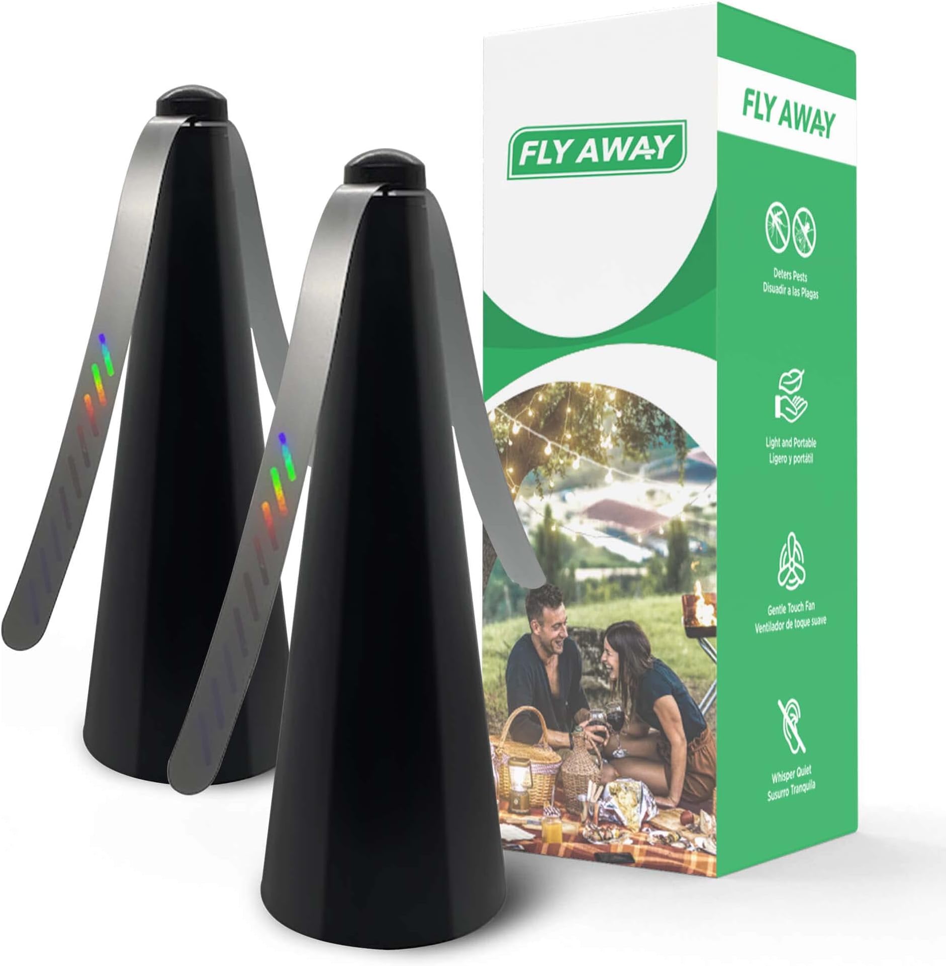 Fly Away Product2 Pack Outdoor Repellent Fan, Outside or Inside Table use, Restaurant, Barbeque, Events, Deter Flies, Wasps, Bees, Other Moscas and Bugs , Battery Operated, Tabletop, Hanging Hook.