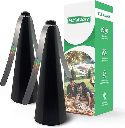 Fly Away - 2 Pack Fly Fans for Tables, Indoor or Outdoor Use, Ideal for Restaurants, BBQs, Events. Deter Flies, Wasps, Bees, Moscas, and Bugs. Battery Operated with Tabletop and Hanging Hook Option.