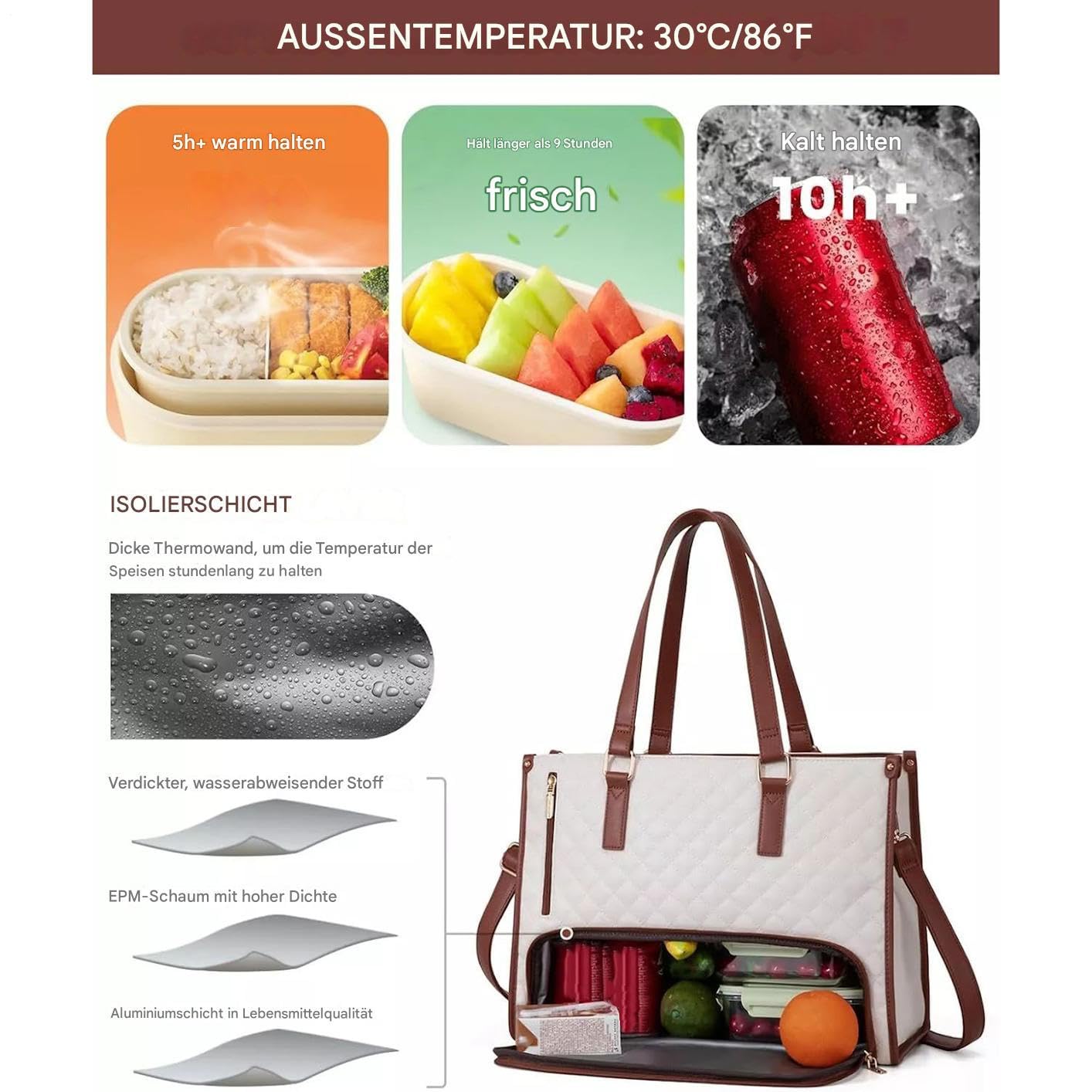Sac pour ordinateur portable pour femme avec compartiment à déjeuner isotherme, sac à main pour ordinateur portable 15,6", grand sac de travail, sac de travail, sac à bandoulière en cuir, sac à