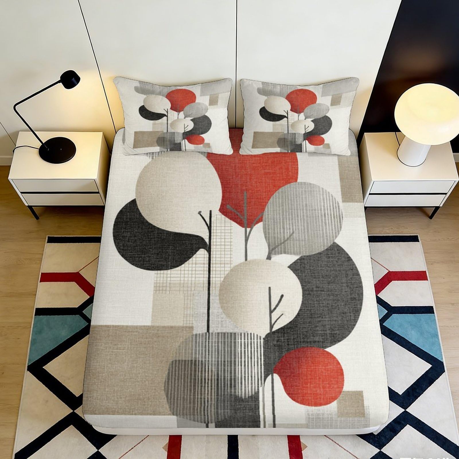 3D Printed Abstract Geometric Tree Fitted Sheet Microfiber Soft Red Black Modern Art Mattress Cover Bedroom Decor 140x200x25cm