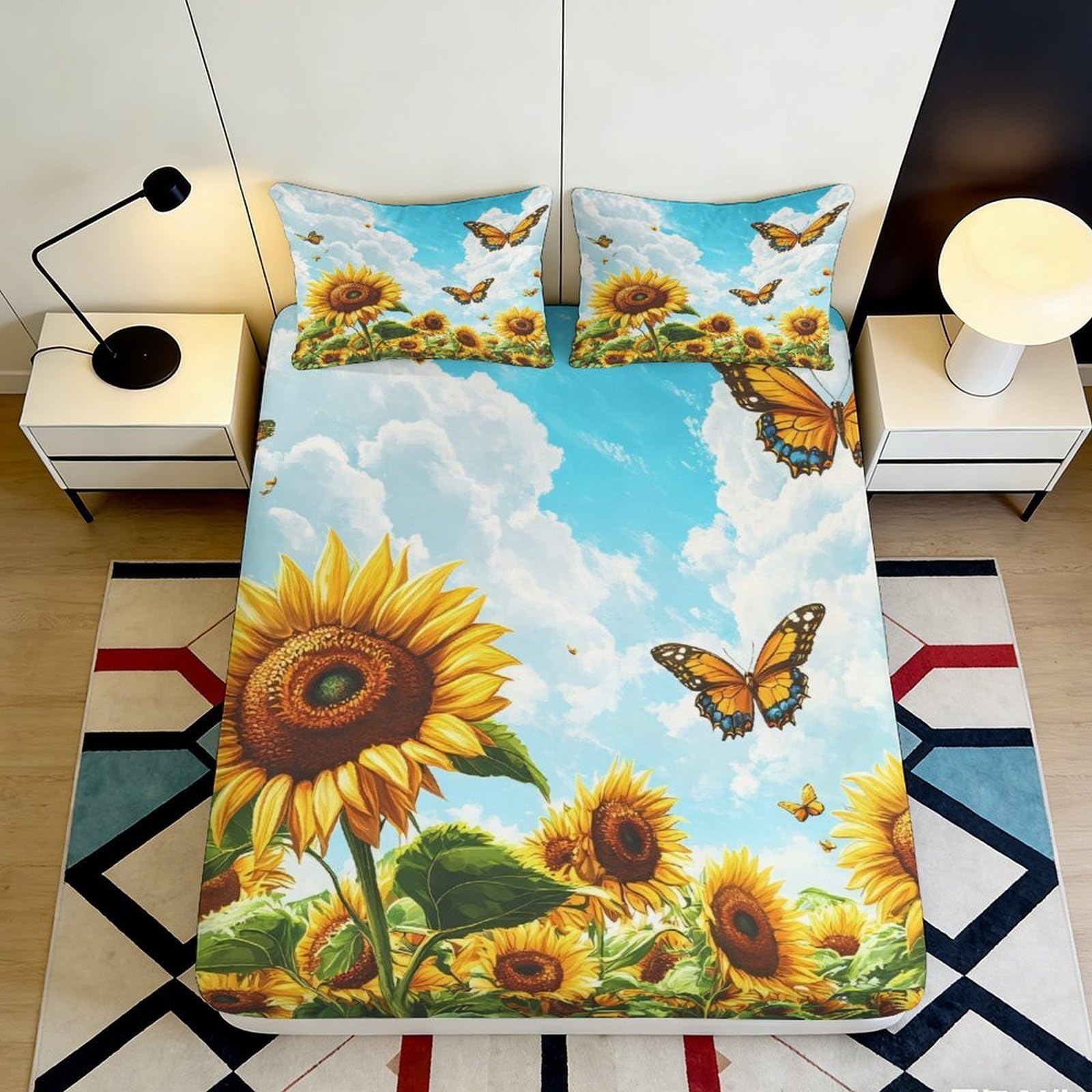Pnayamiorkfel Style-10 3D Printed Sunflower Butterfly Fitted Sheet Microfiber Yellow Bed Cover For Bedroom Guest Room Easy Care Decor 90X200x25cm