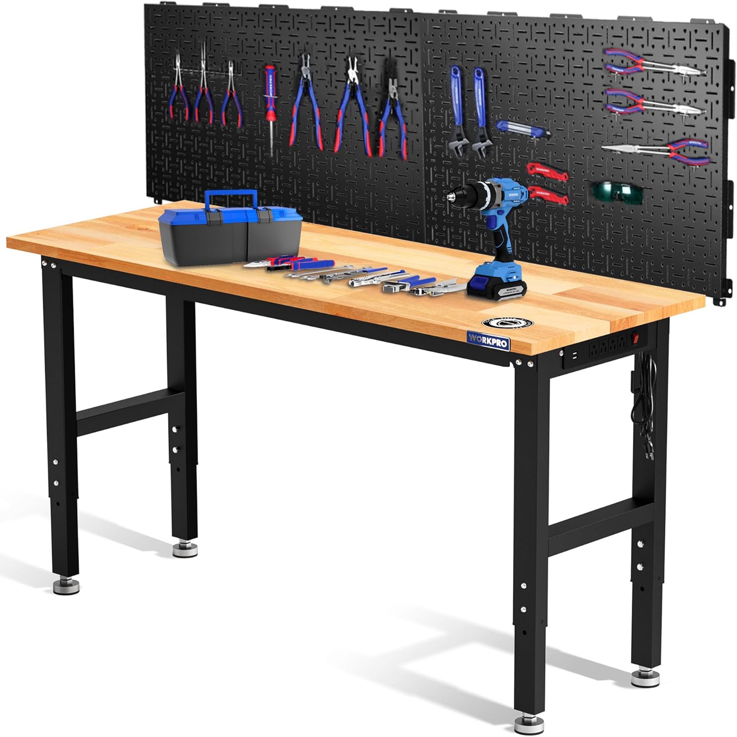 WORKPRO 60" Adjustable Garage Workbench, with Rubber Wood Top & Power Outlets + 2 Pack 16”x 32” Metal Pegboard, 1500 LBS Load Capacity Hardwood Worktable with Leveling Foot, for Workshop 60"
