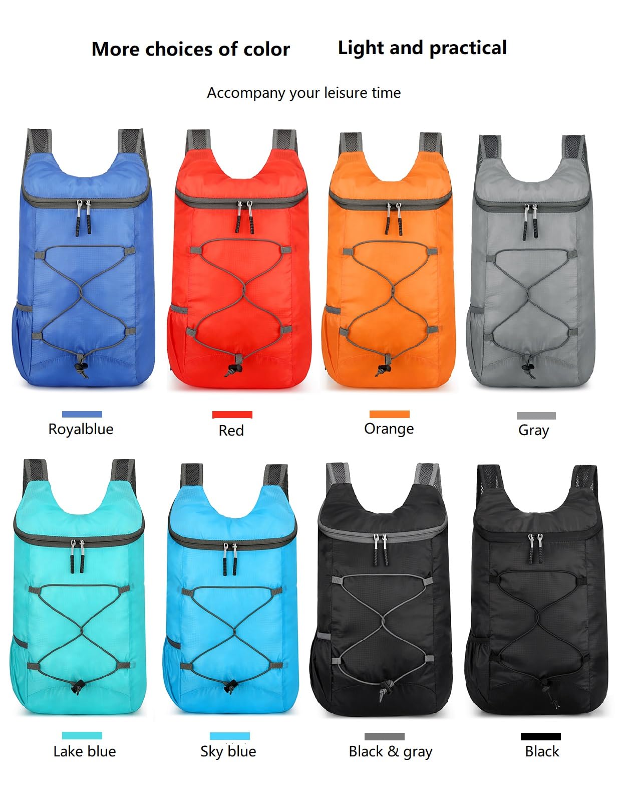 Mochila de senderismo plegable ligera de 16L para viajes, resistente al agua, bolsa de gimnasio para hombres y mujeres, Negro y gris, Pequeño, Ligero, plegable 9