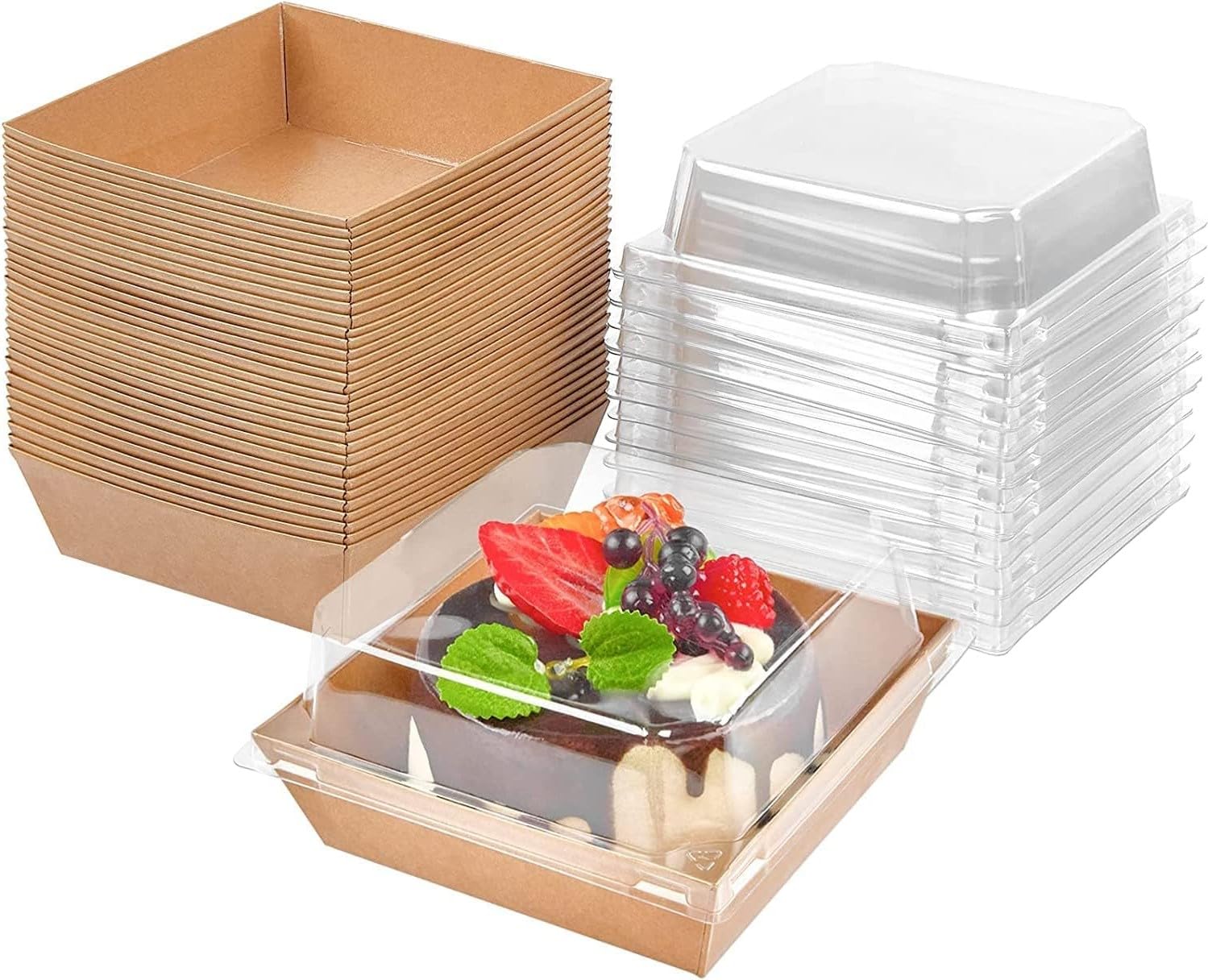 Koorium 50-Pack Cake Slice Boxes with Clear Lids, Oil-Proof Kraft Paper Dessert Boxes for Home Bakers, Weddings, Parties, and Afternoon Tea, Easy-Assemble Individual Cake Packaging
