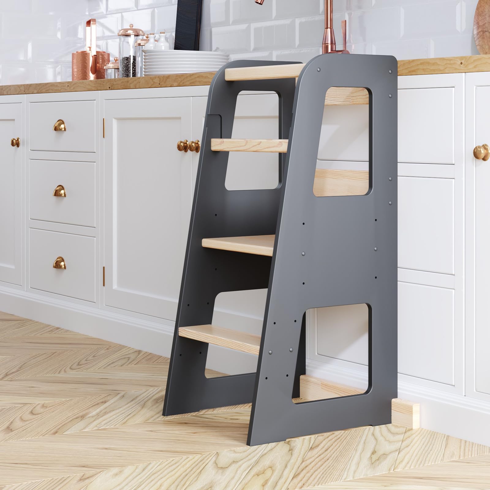 Lernturm ab 1 Jahr für Kinder Montessori Learning Tower - 3 Stufen Höhenverstellbar Tritthocker mit Kippschutz - Küchenhelfer für Kleinkinder - Sicher & Stabil - bis 50 kg