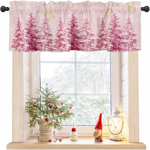 Cortinas de árbol de Navidad rosas para ventanas de sala de estar, cortinas de copo de nieve de invierno y cenefas para dormitorio, cortinas de