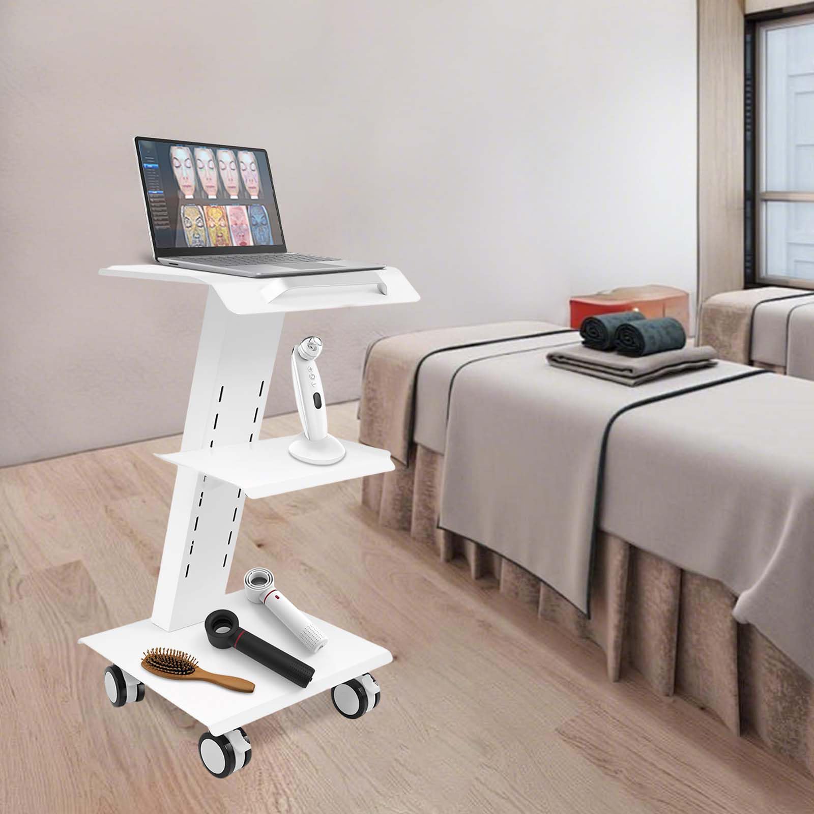 Carrello multifunzione da laboratorio, livello 3, con presa di corrente, carrello per attrezzi, clinica, pratica, studio cosmetico, altezza regolabile, in acciaio, con prese freni, con 3 connettori a