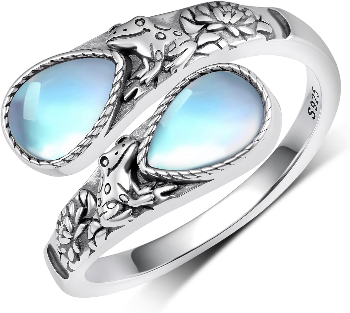 Sterling Silver Frog Spoon Ring with Moonstone - Open Band Frog Jewelry Gift for Women