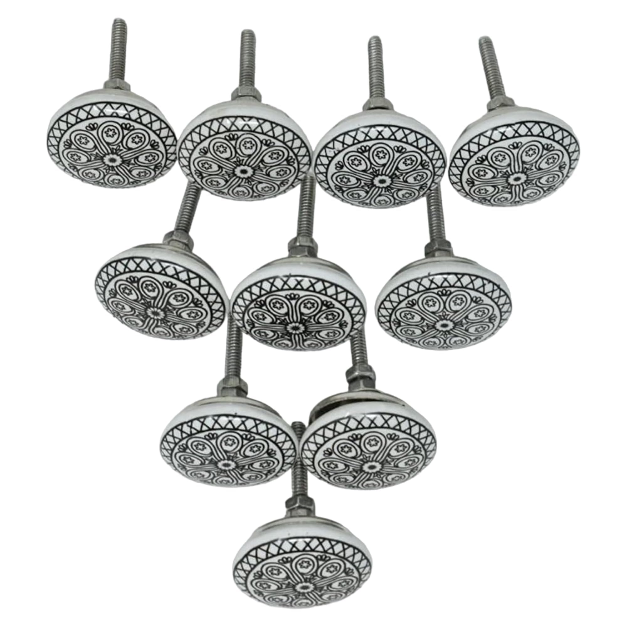 Set 12 Pomelli Ceramica Bianco E Nero Dipinti A Mano - Maniglie Artigianali Per Mobili, Cucine E Bagni