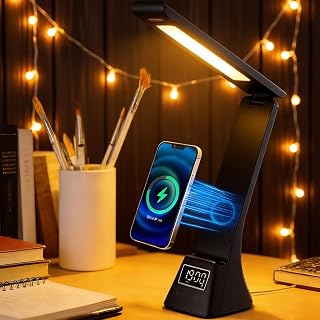 AYI Multifunctional LED Desk Lamp, 10W Wireless Charging Station with Digital Clock & Alarm, Foldable Phone Holder Stand for Bedroom Home Office, TYV-2088 Black.