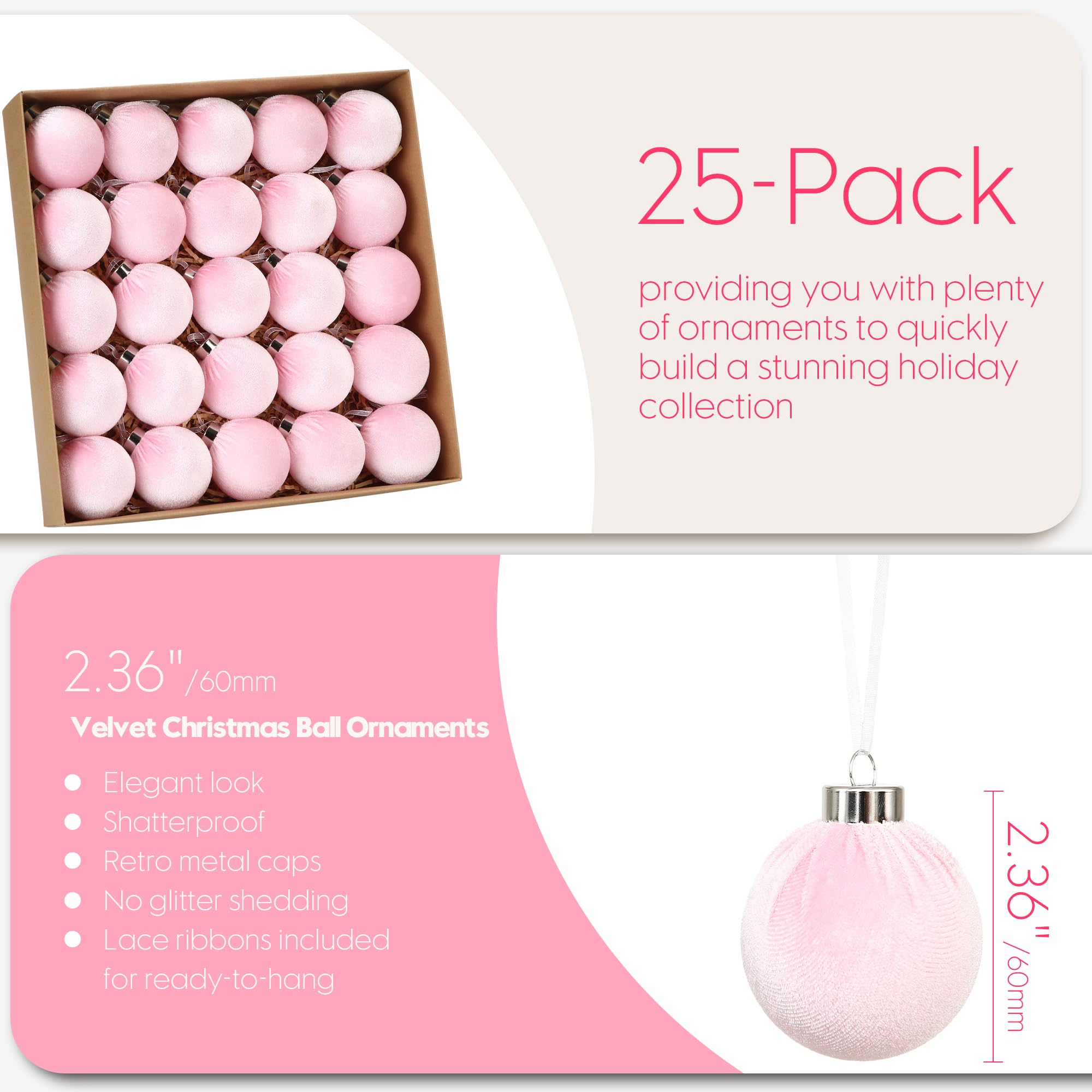 Sea Team 25 Bolas Navidad Terciopelo Purpurina 60mm Rosa